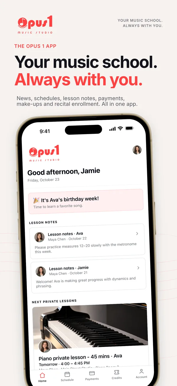 Home screen of the Opus 1 app with lesson notes and the next lesson