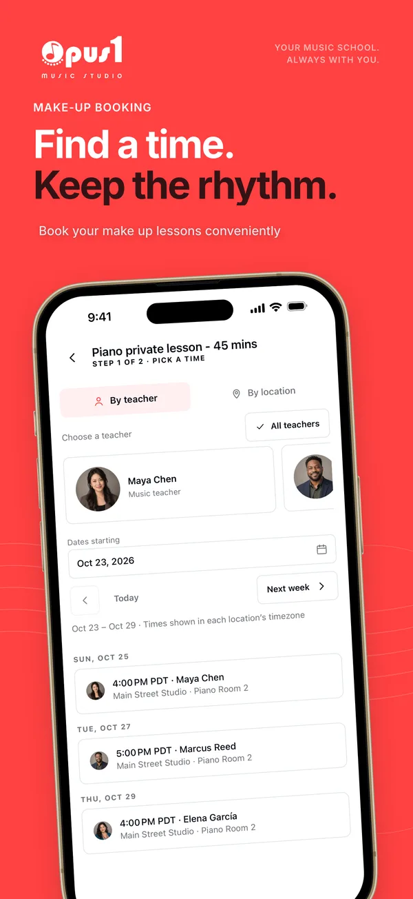 Booking a make-up lesson in the Opus 1 app